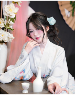 Yukata xanh da trời họa tiết hoa