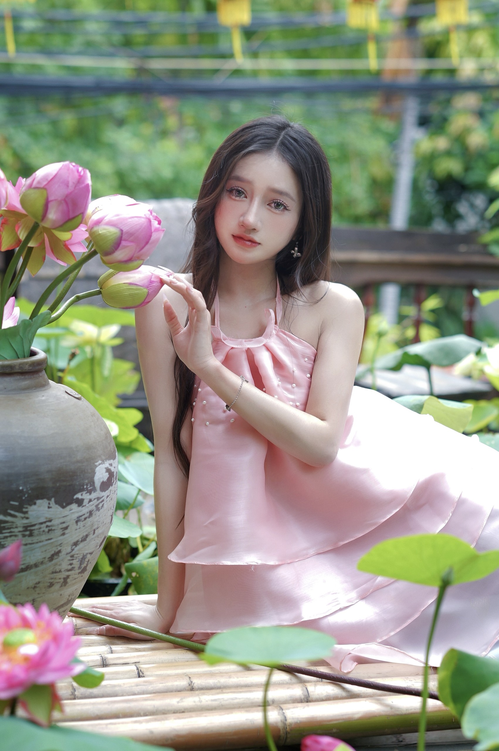 Yếm hồng váy xanh biển nhạt Y19