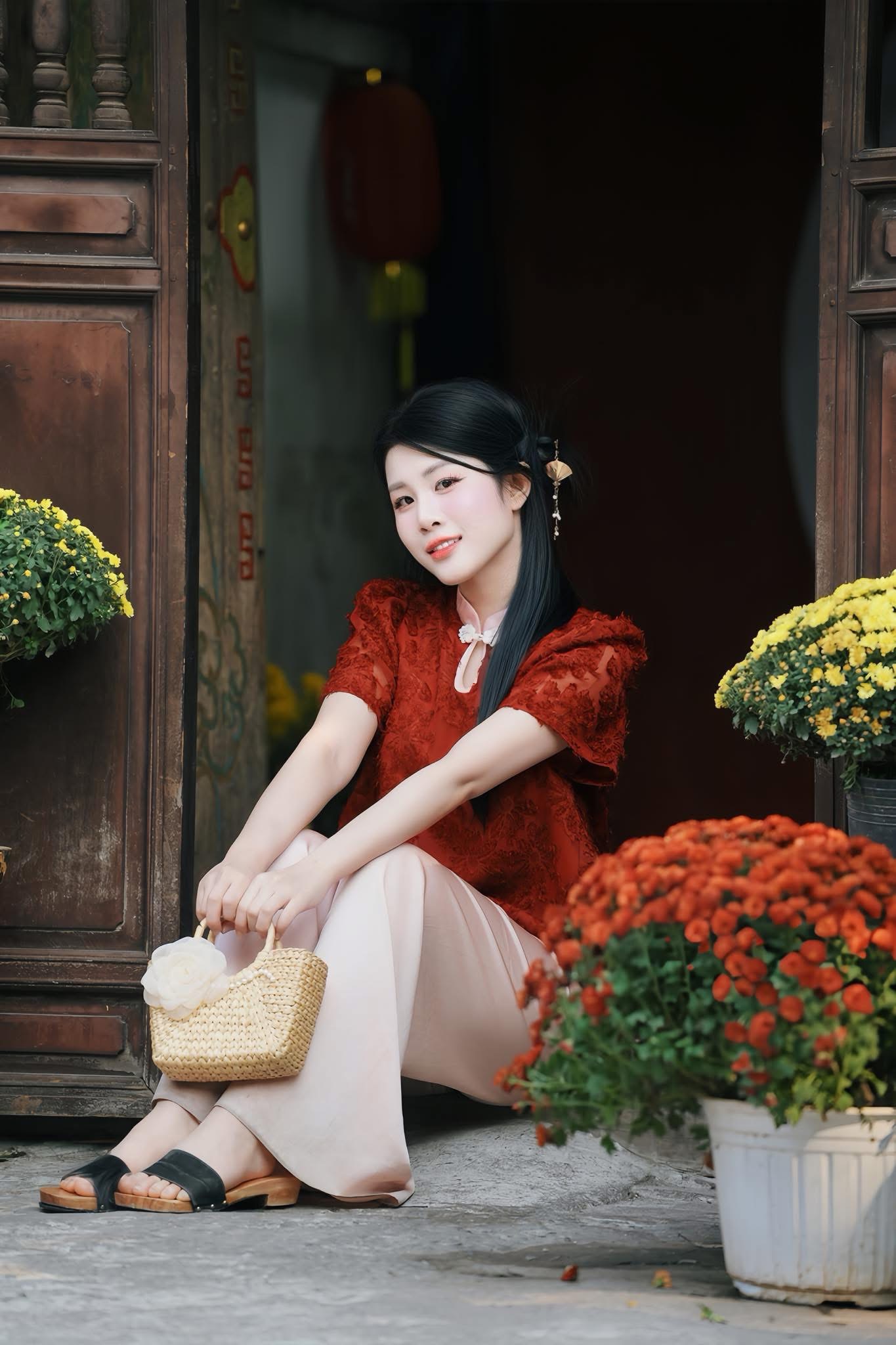 Set tết áo đỏ quần hồng