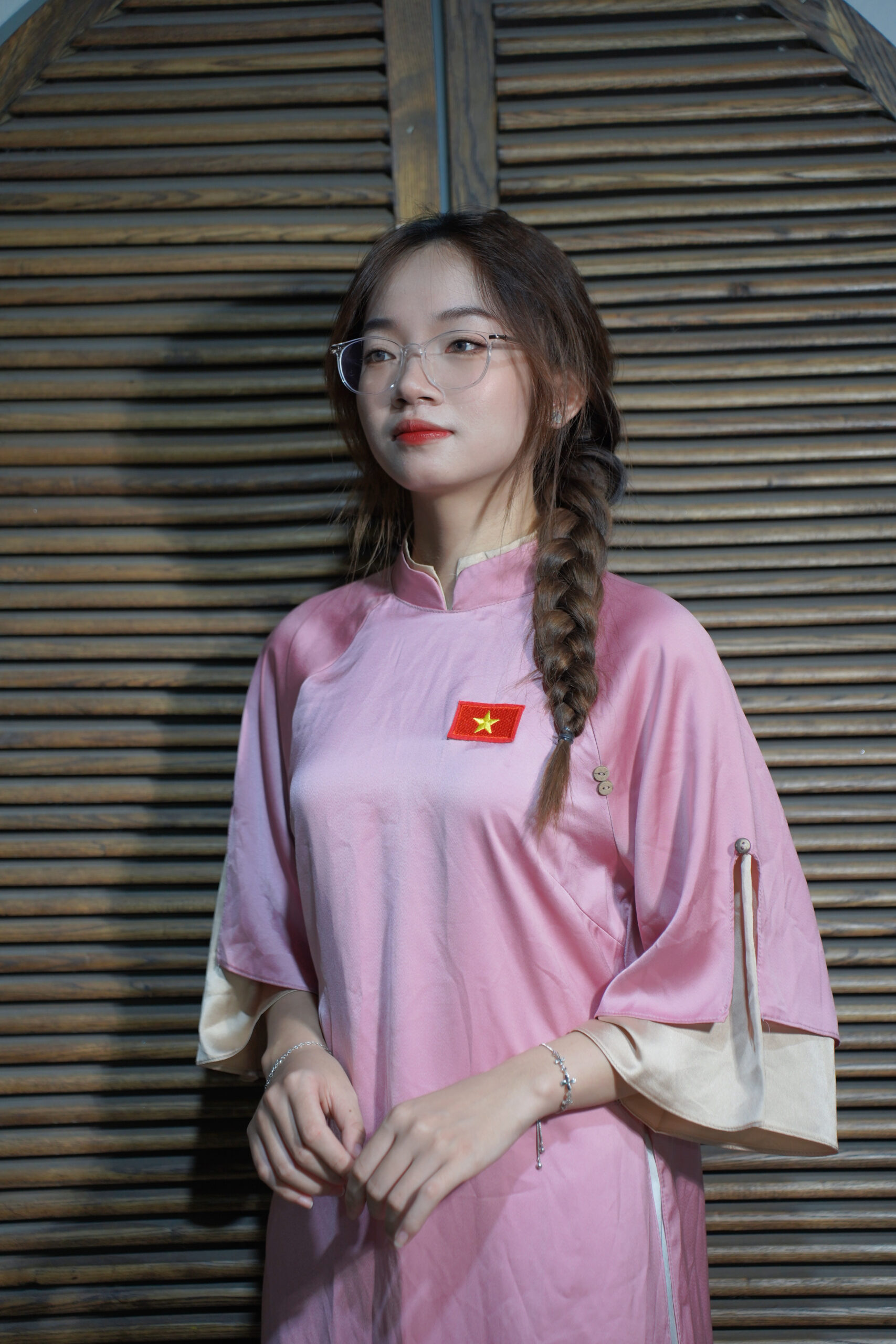 Áo Dài hồng tay phối