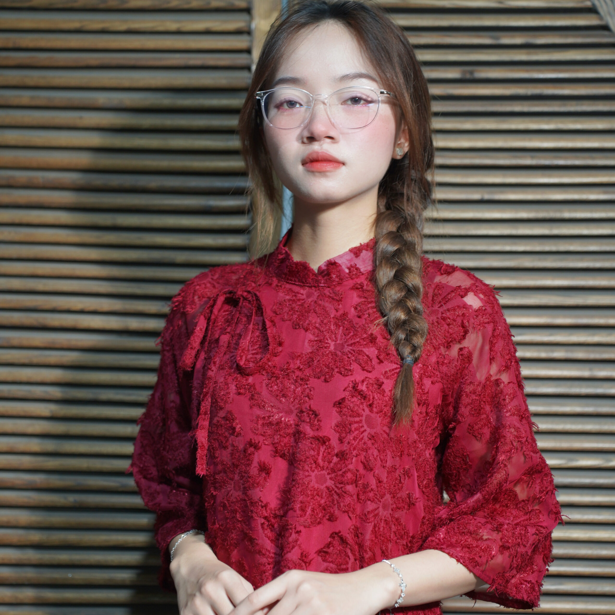 Áo Dài đỏ xước nơ