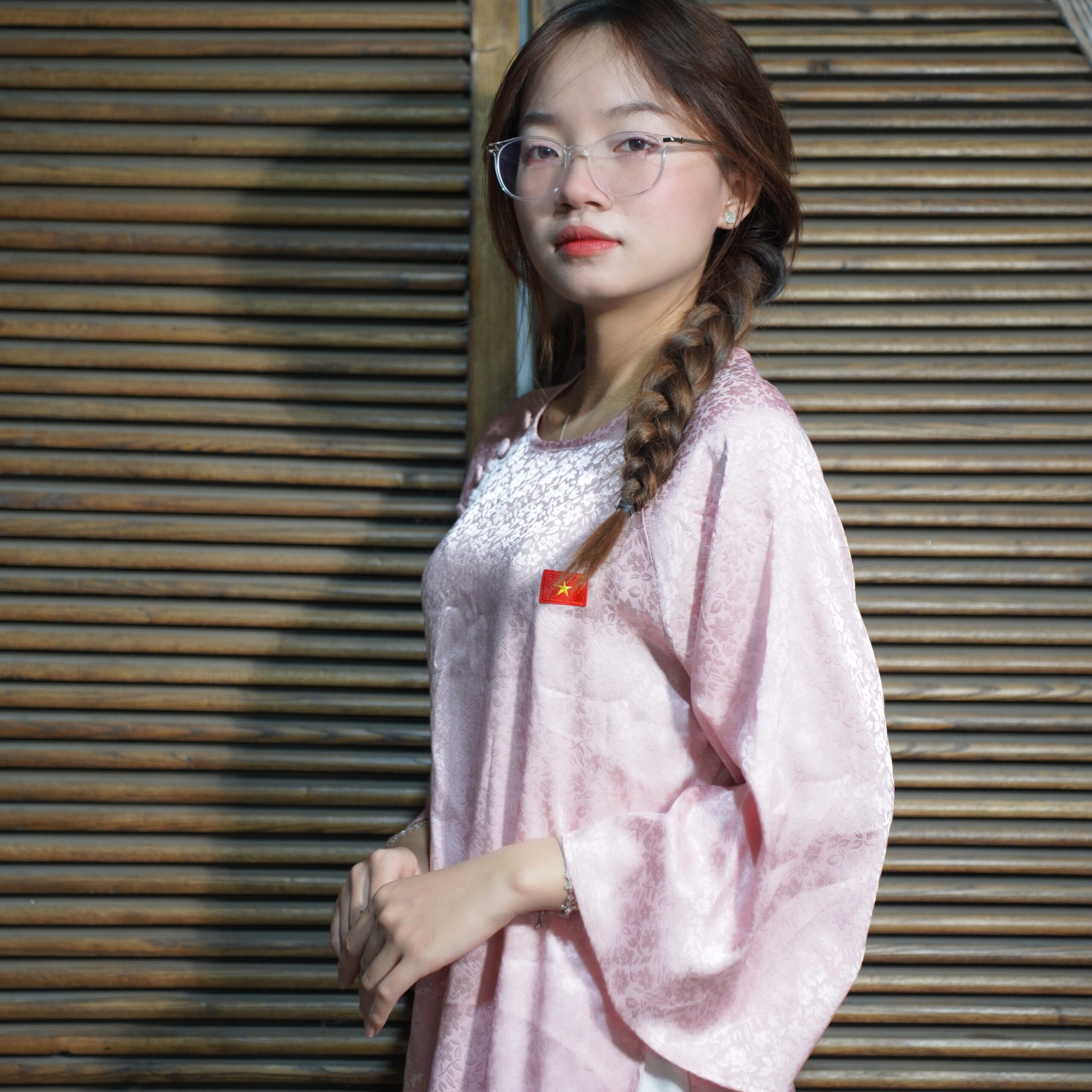 Áo Dài hồng cổ tròn