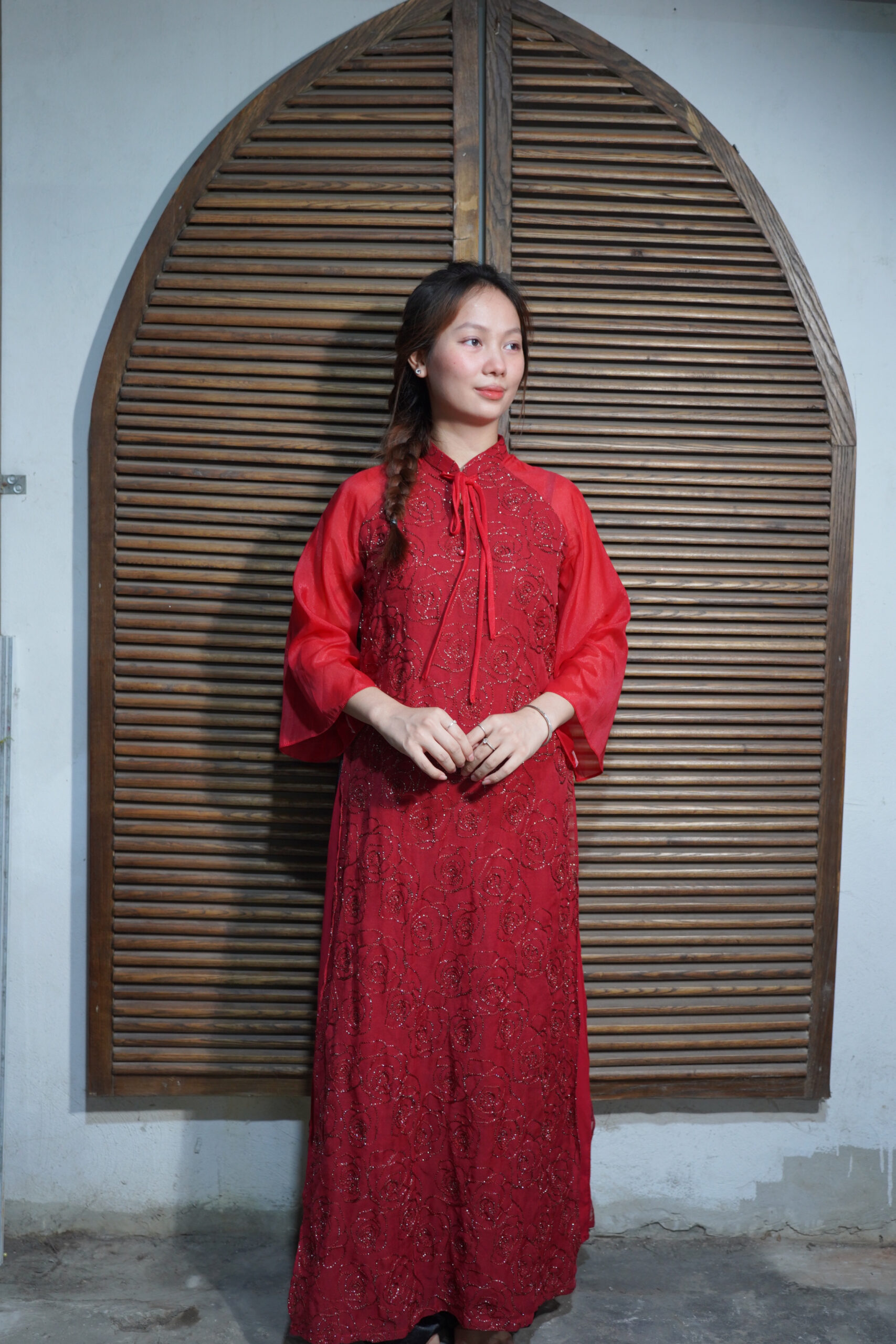 Áo Dài hoa hồng nơ giữa