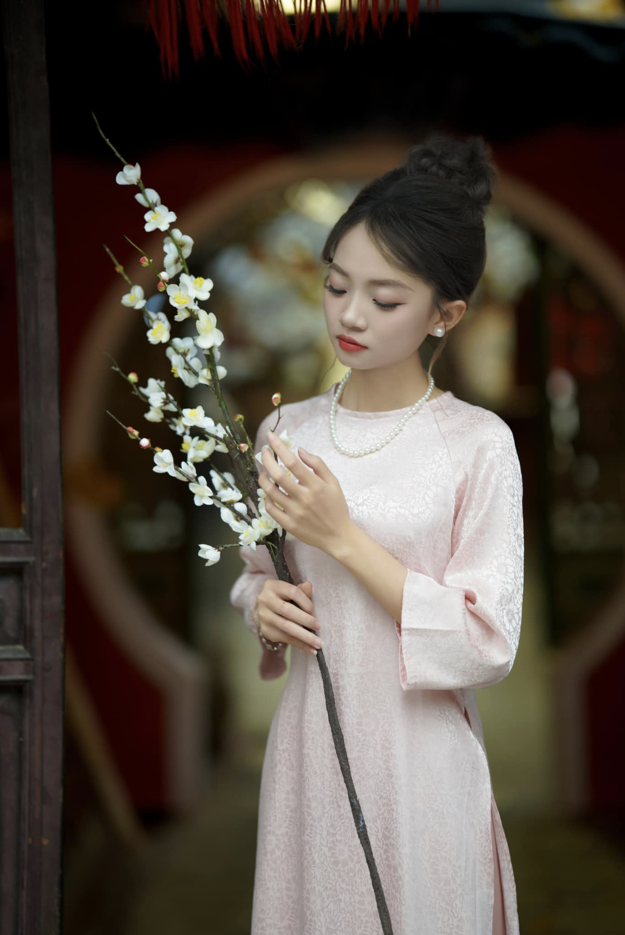 Áo Dài Hồng Hoạ Tiết