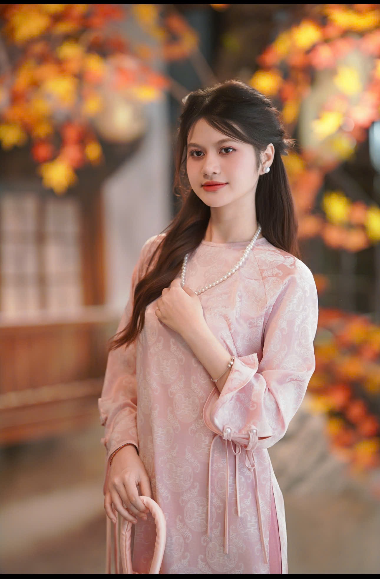 Áo dài hồng hoạ tiết tròn (combo99-799)