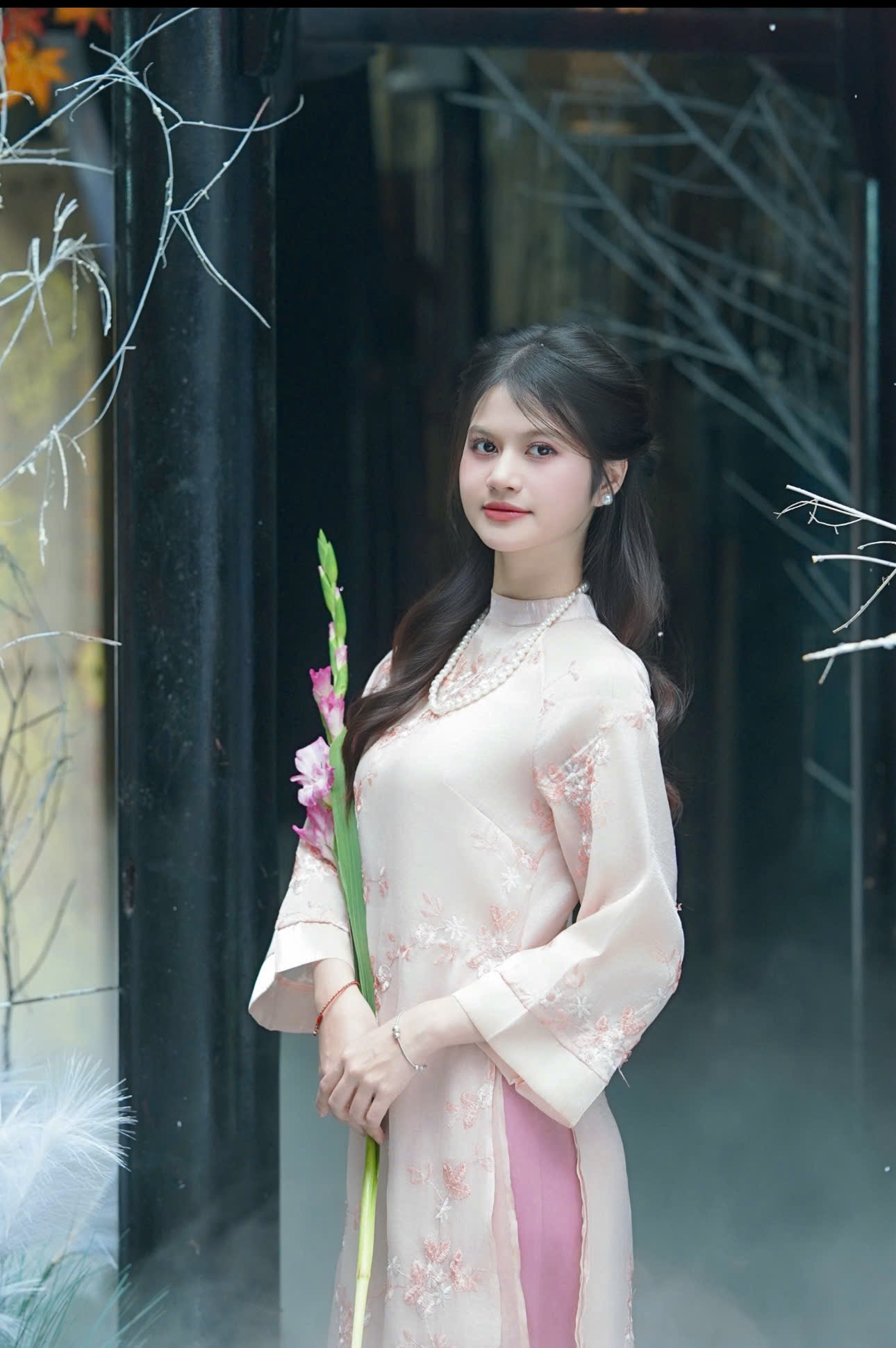 Áo dài hồng hoa thêu (combo99-799)