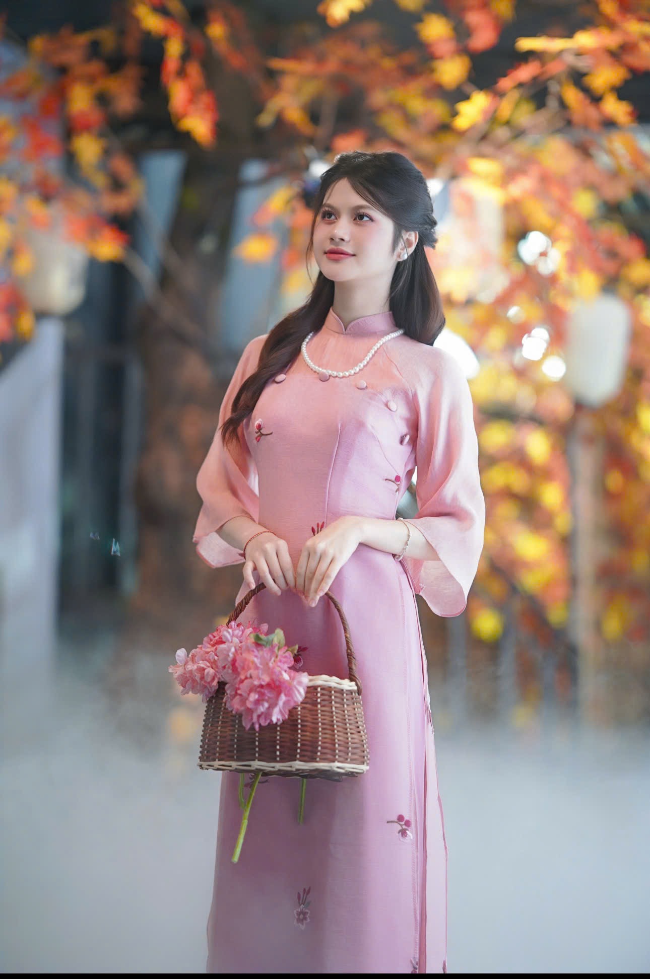 Áo dài hồng cổ cao (combo99-799)