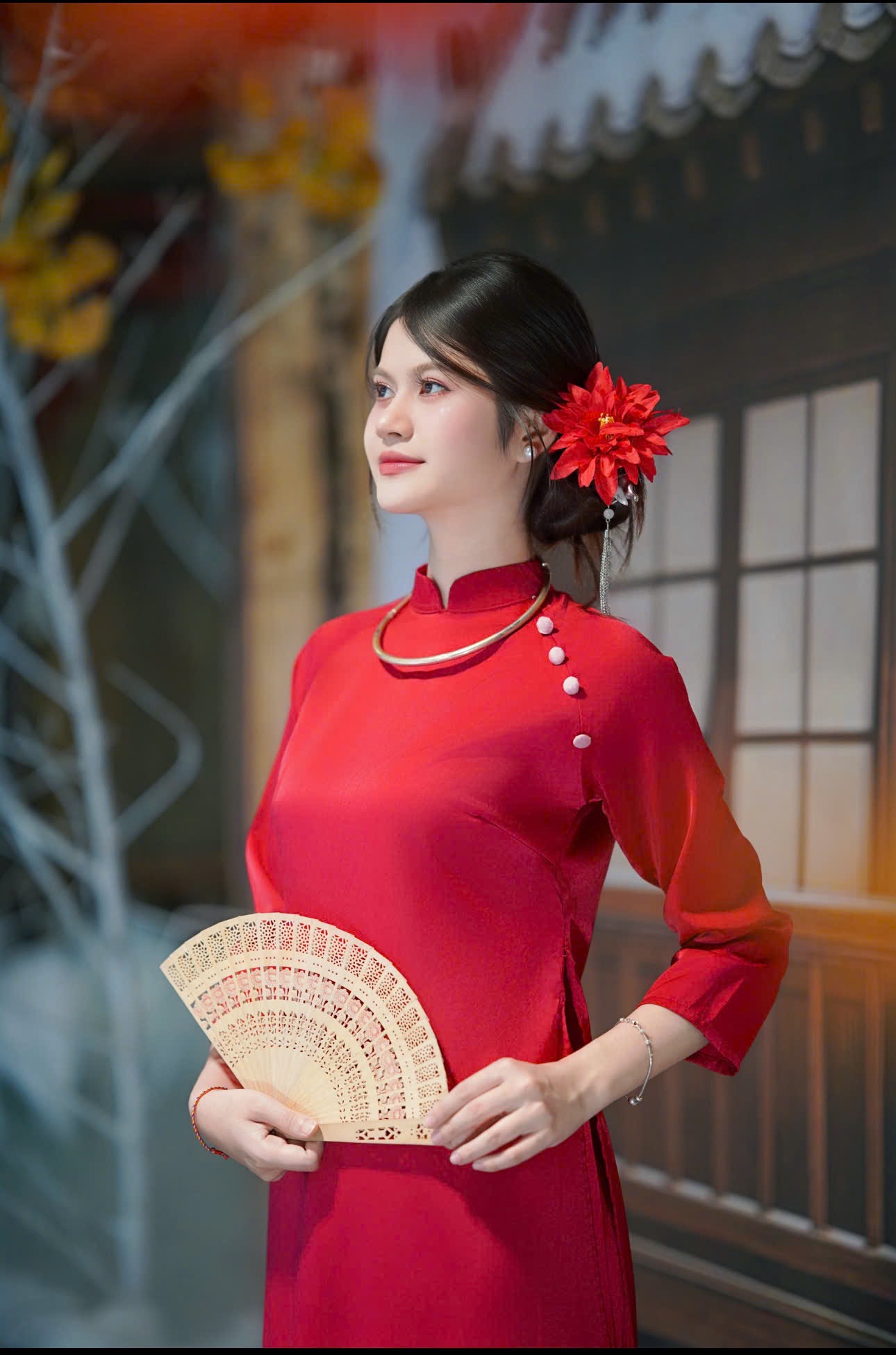 Áo dài đỏ cúc hồng (combo99-599)