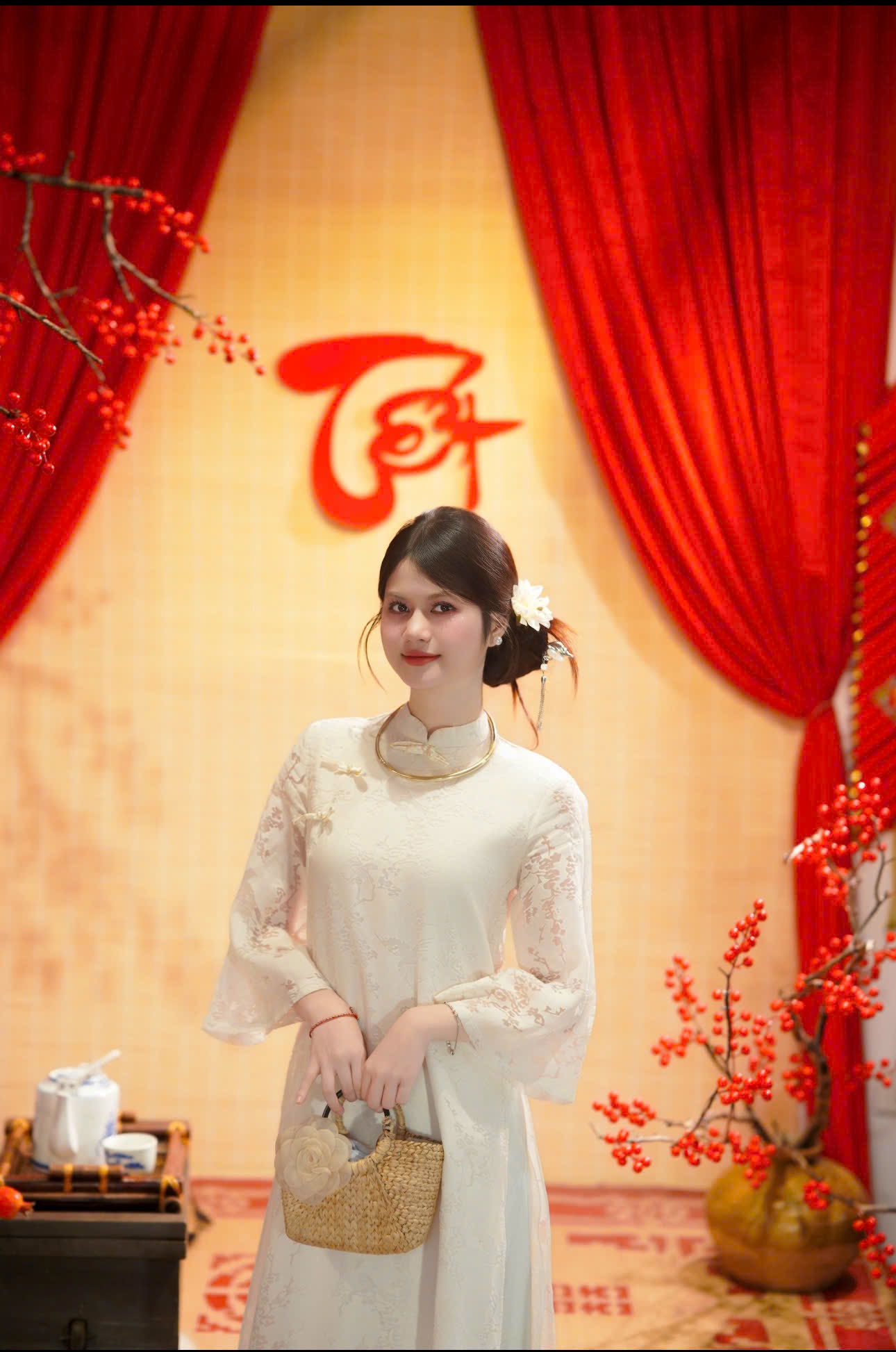 Áo dài kem cổ cao hoạ tiết chìm (combo99-799)