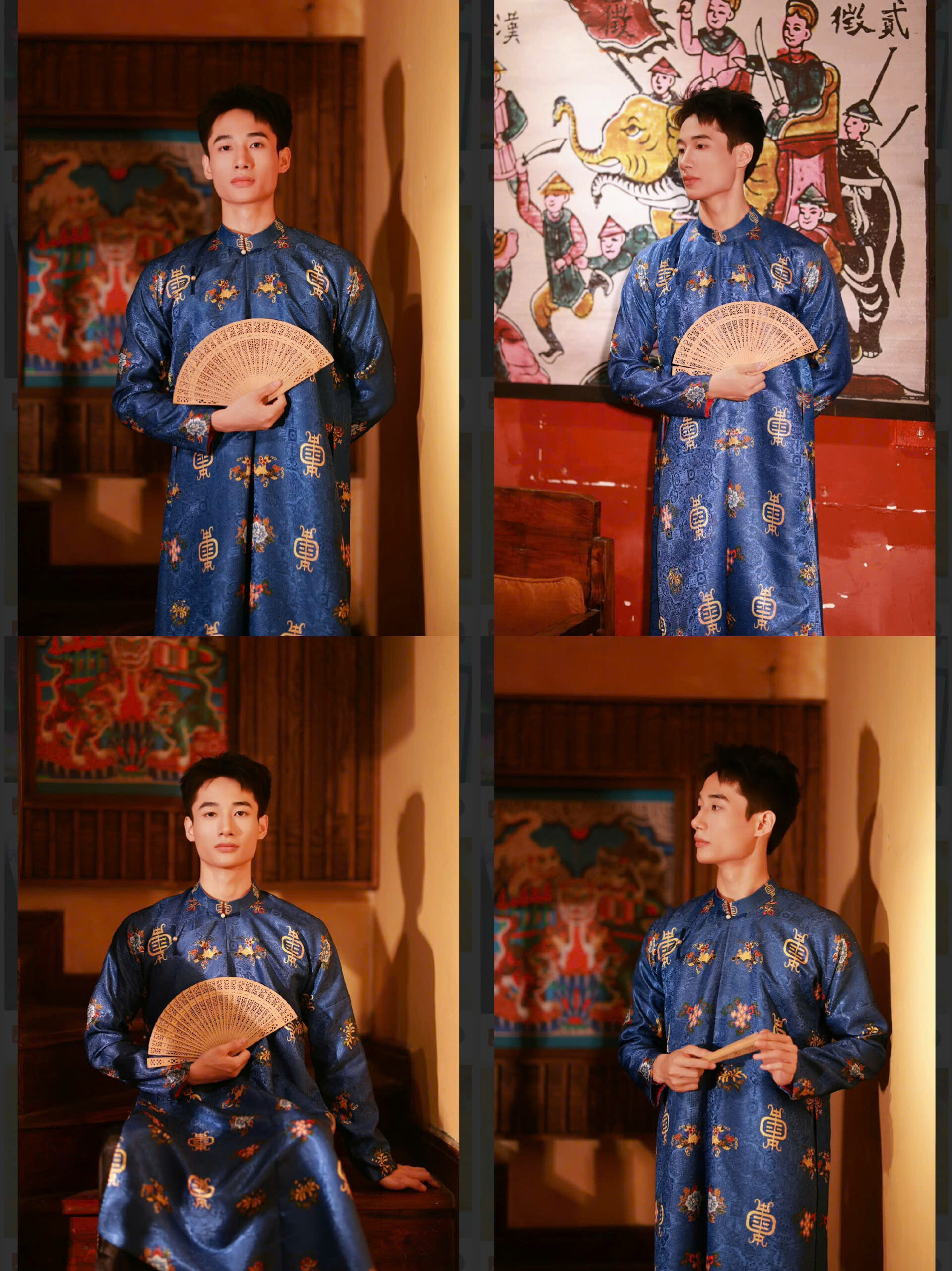 Áo dài nam xanh than họa tiết (chỉ từ combo99)